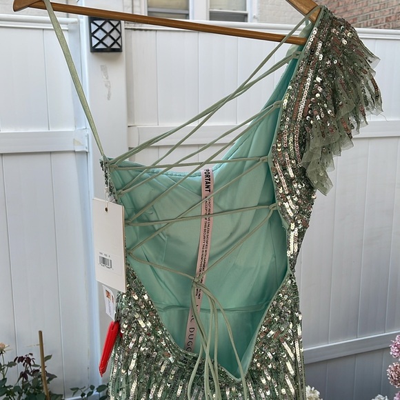 Mac Duggal - Sequined One Shoulder Flutter Sleeve A-Line Gown - Picture 9 of 16